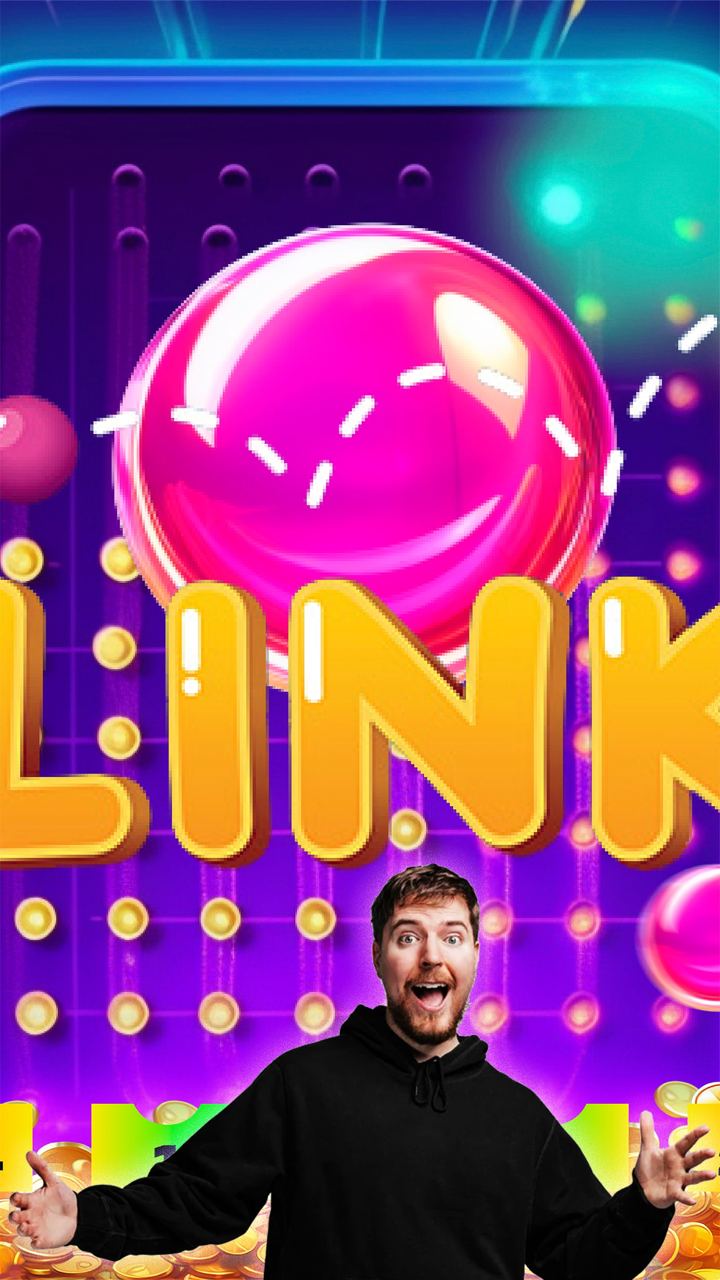 A vibrant Plinko game interface featuring a large pink glossy ball with dotted trajectory lines, the word 'LINK' in bold yellow letters, and gold coins scattered at the bottom. A person in a black hoodie gestures below the text.